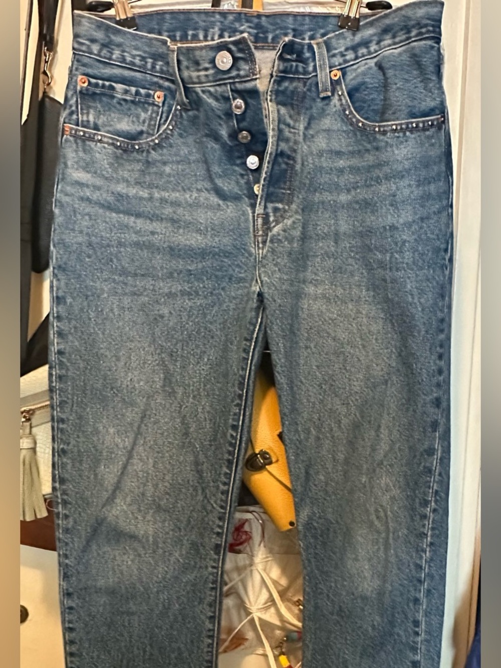 Levi's 501 100 percent cotton Blue Jeans, silver bead accent on pockets